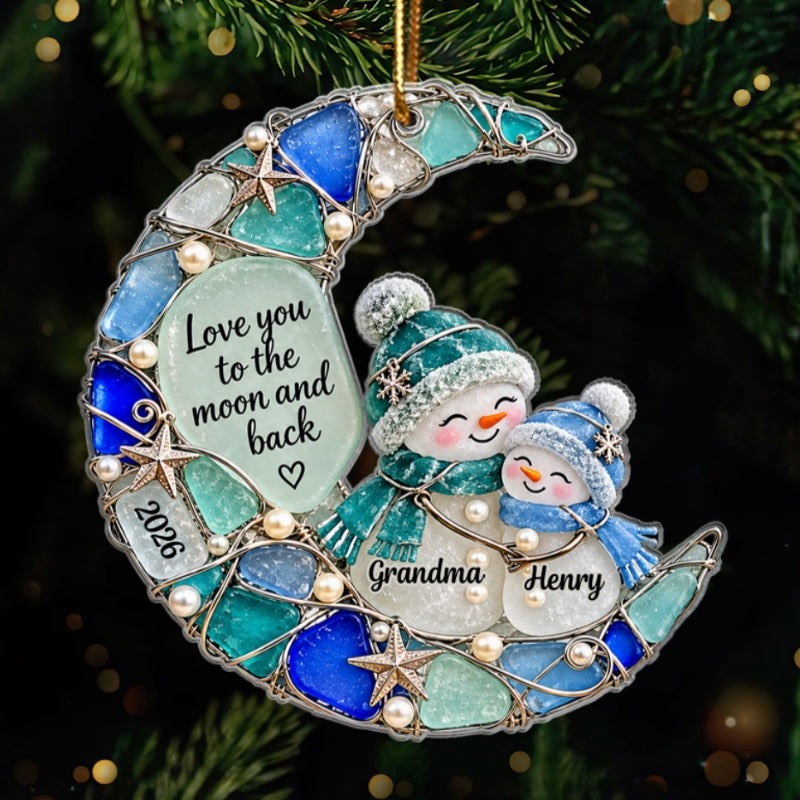 Grandma Grandkid Snowman On Moon 2D Flat Printed - Personalized Acrylic Ornament - Christmas Gift For Grandkid, Grandson, Granddaughter