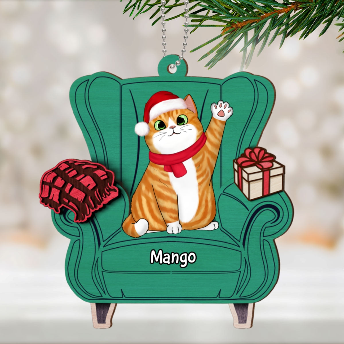 Christmas Cats On Sofa Personalized 2-Layer Wooden Ornament
