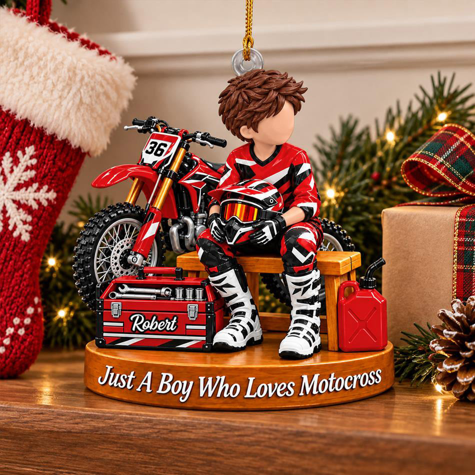Personalized Motocross Ornament Just A Boy Who Loves Motocross Custom Player Name & Number Christmas Ornament Gift for Motocross Lovers H2511 Trna