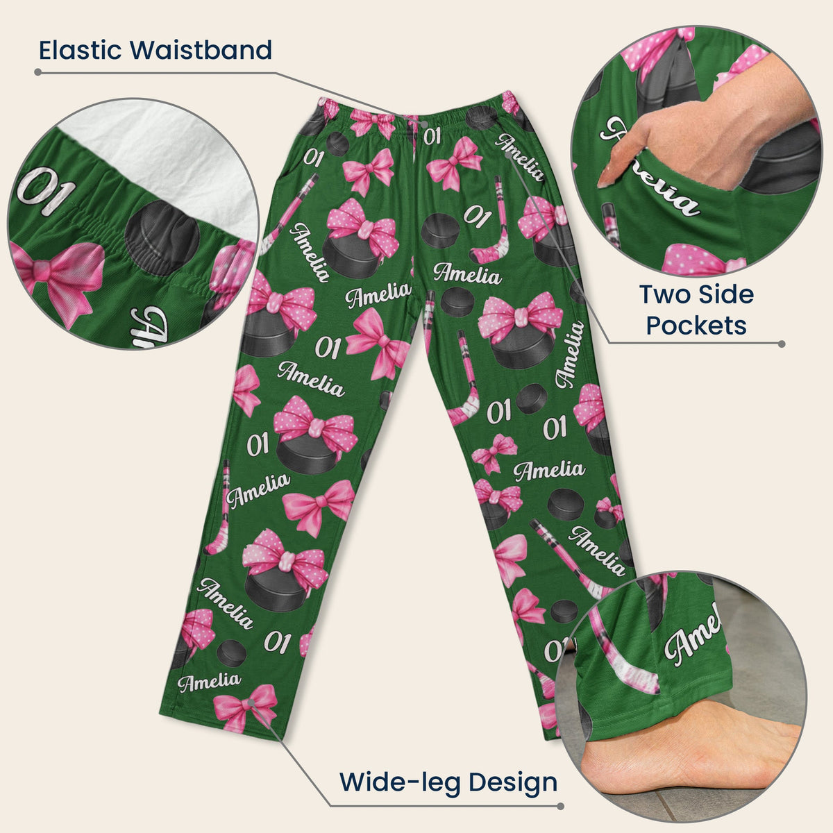 Coquette Bow Hockey Custom Name, Number Gift For Hockey Player, Hockey Team - Personalized Lounge Pants