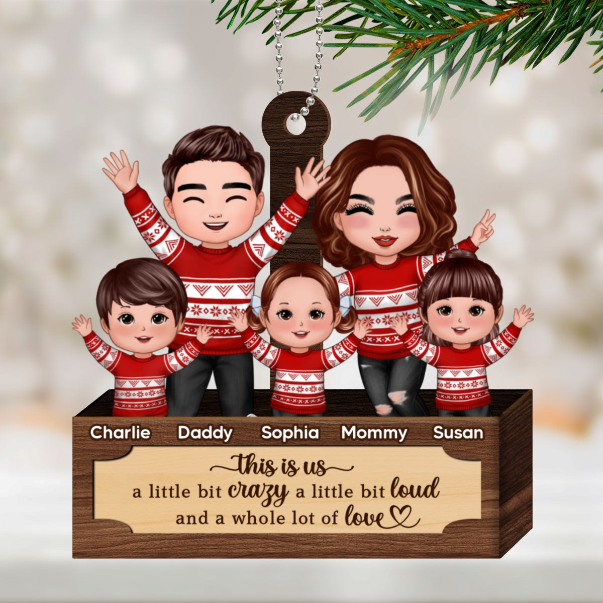 Happy Family In Box Personalized 2-Layer Wooden Ornament, Christmas Gift