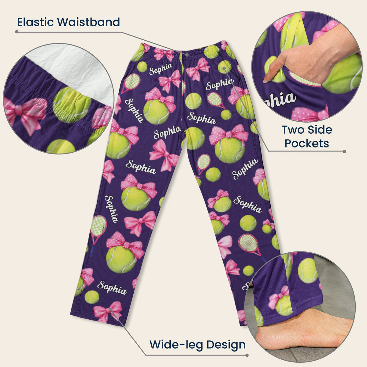 Coquette Bow Tennis Custom Name Gift For Tennis Player, Tennis Team - Personalized Lounge Pants