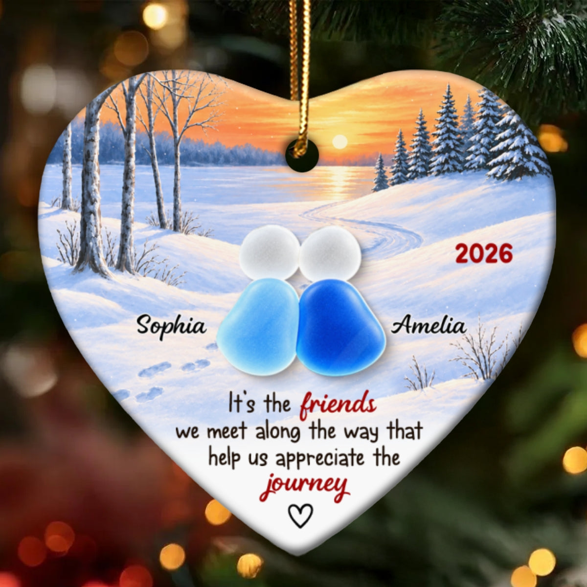 Friends Along The Way Winter Sunset Heart - Personalized Ceramic Ornament With Acrylic Pieces - Christmas Gift For Best Friend, Bestie, Soul Sister, Friendship Keepsake