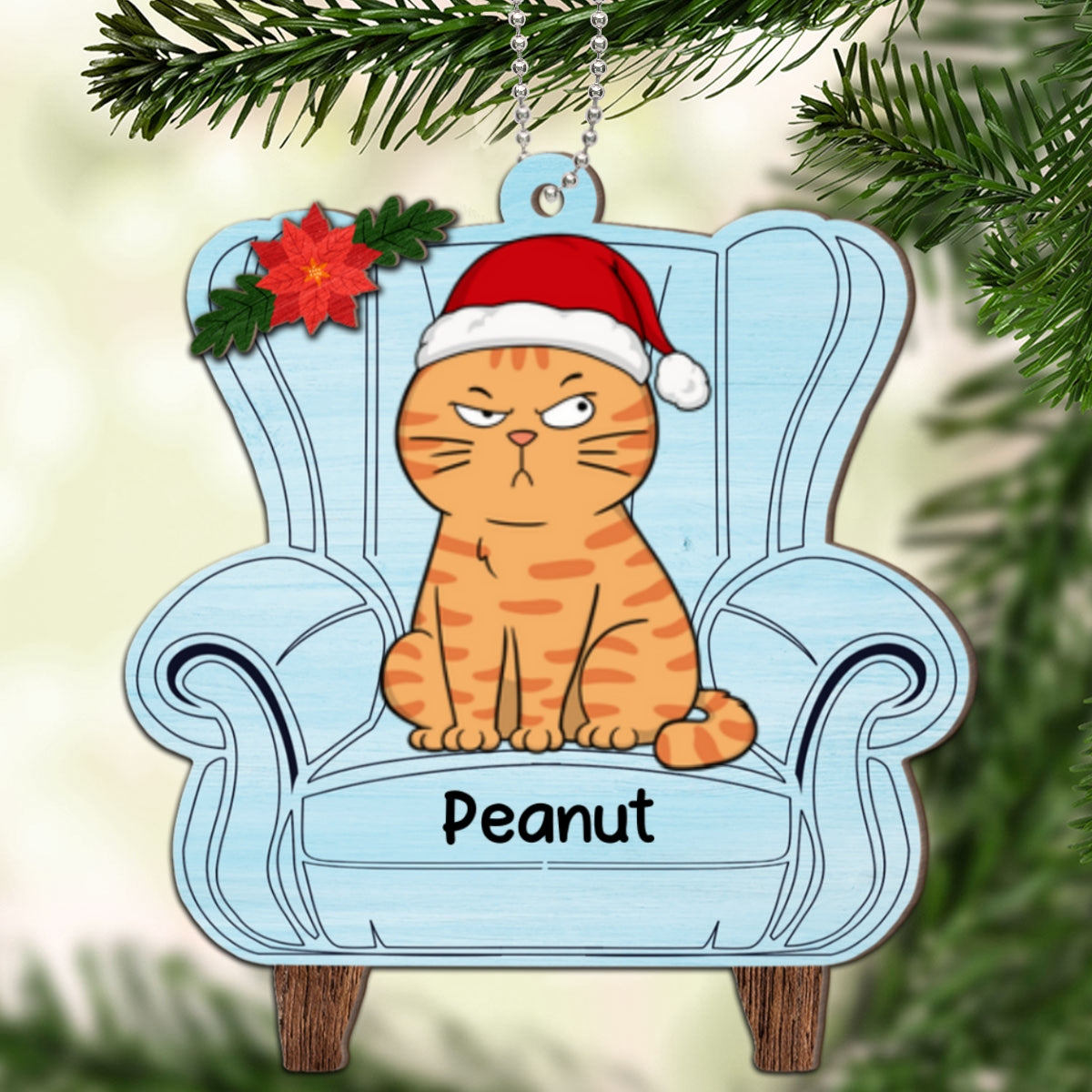 Christmas Cats On Chair Personalized 2-Layer Wooden Ornament