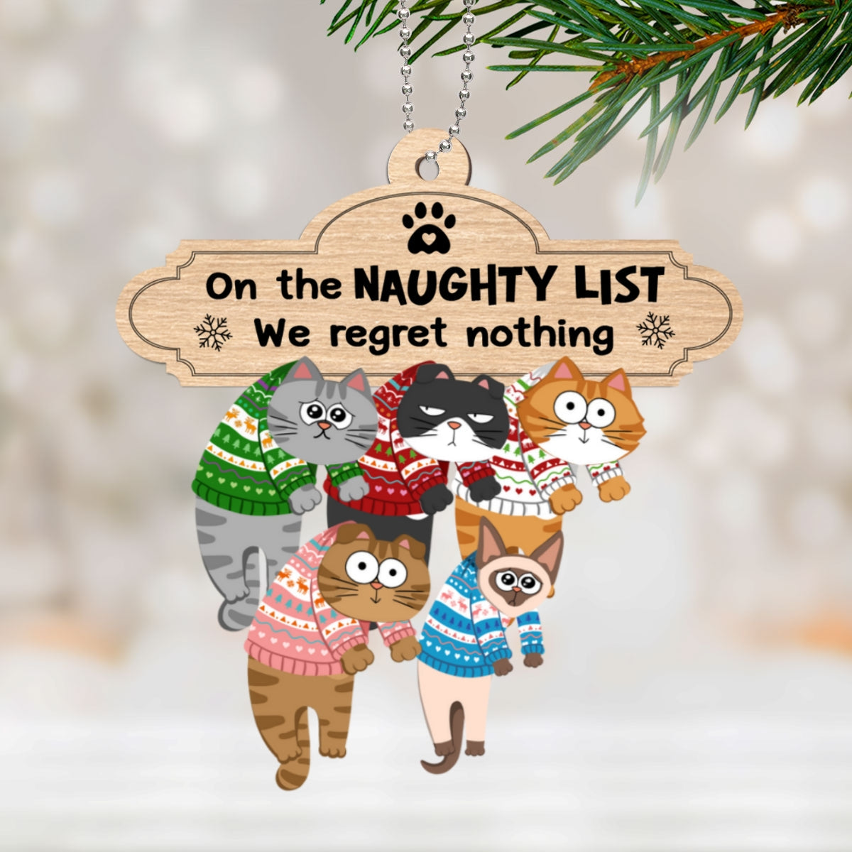 Christmas Naughty Cats Hanging On Mantel Personalized 2-Layer Wooden Ornament, Gift For Cat Lovers