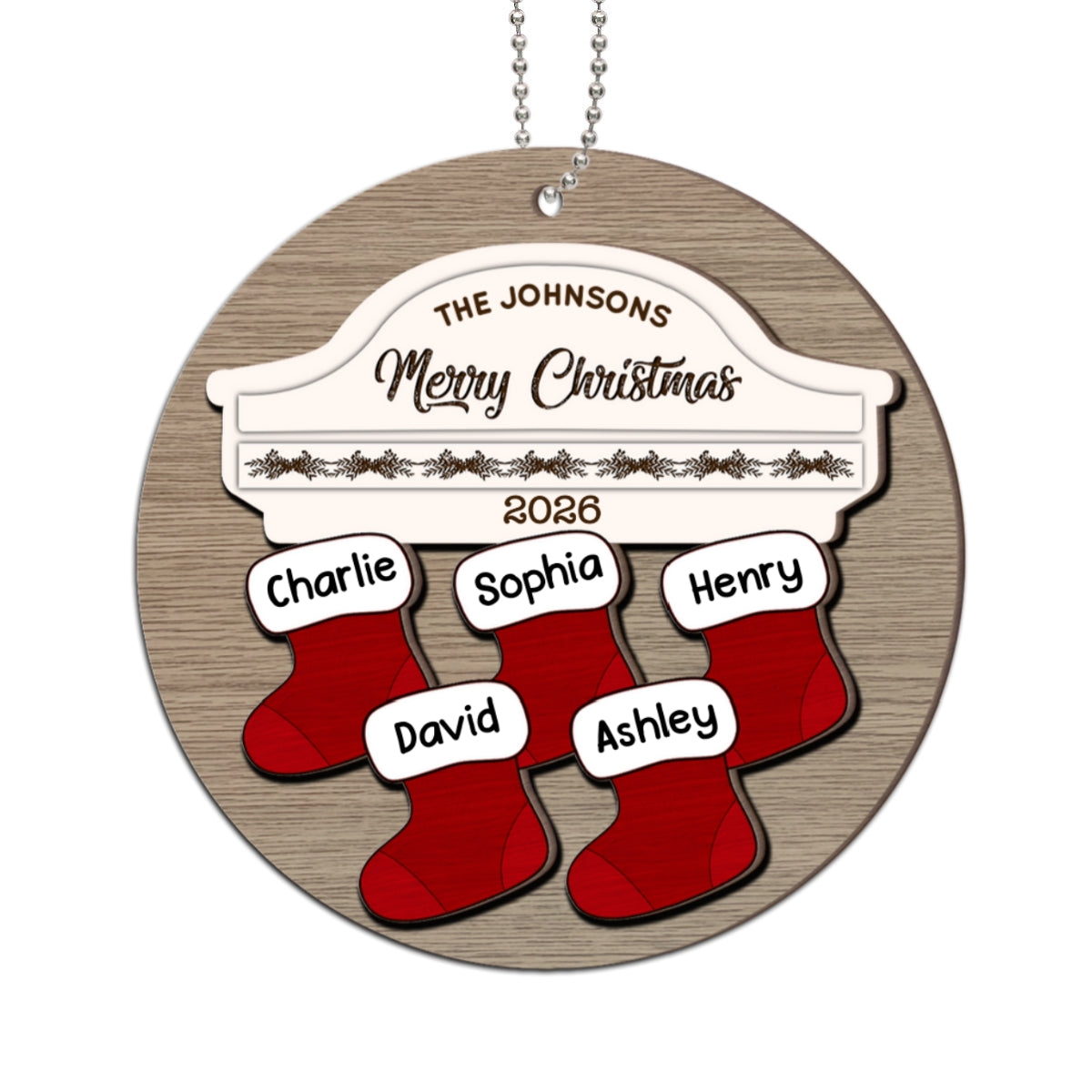 Family Name Stocking Christmas Decor Personalized 2-Layer Wooden Ornament