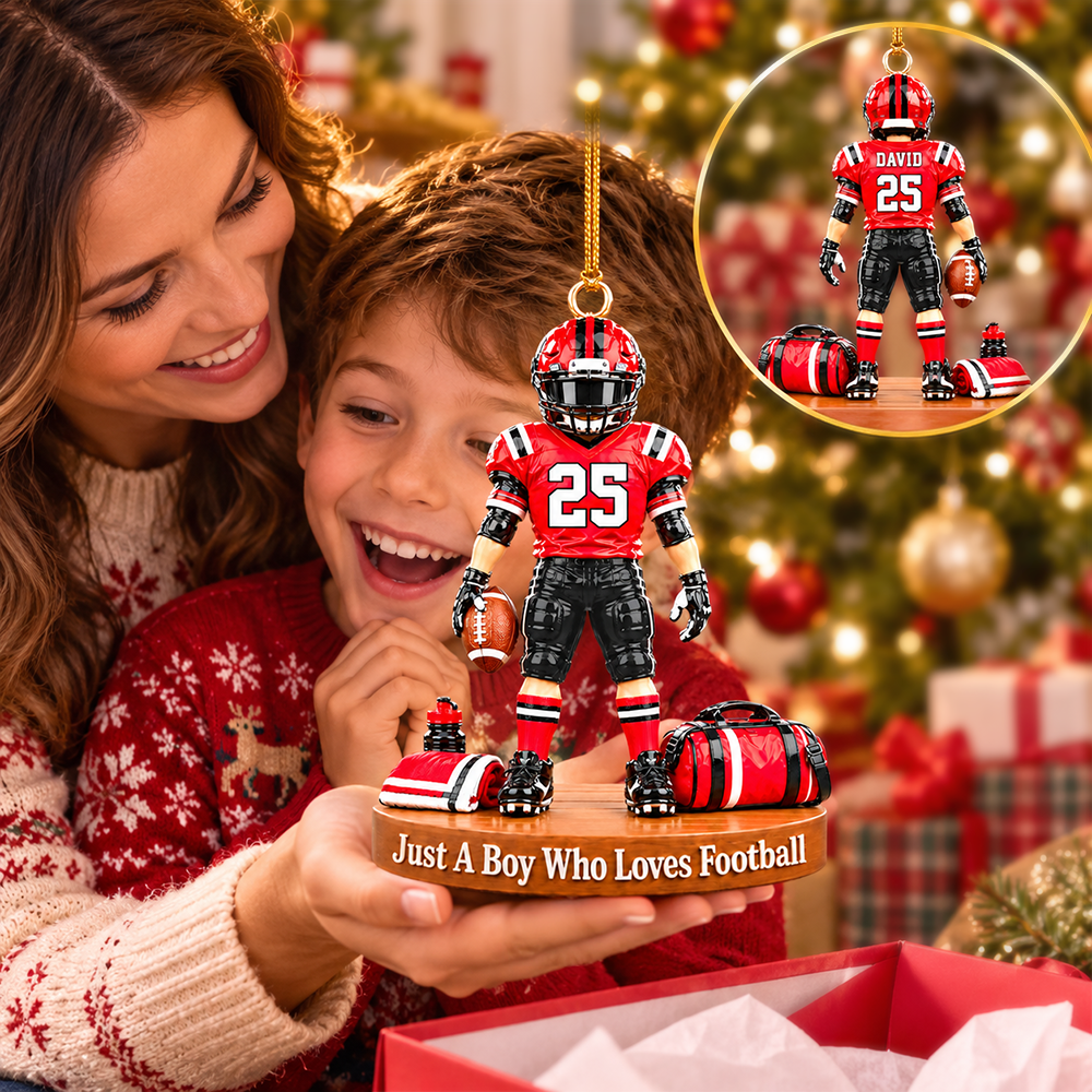 Luxury Personalized Football Player Christmas Ornament, Custom Name, Number & Uniform Colors, Just a Boy Who Loves Football Gift