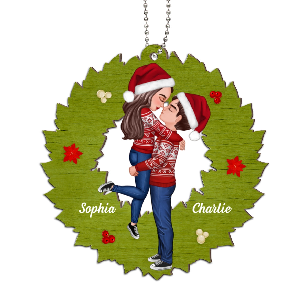 Wreath Christmas Couple Kissing Personalized 2-Layer Wooden Ornament