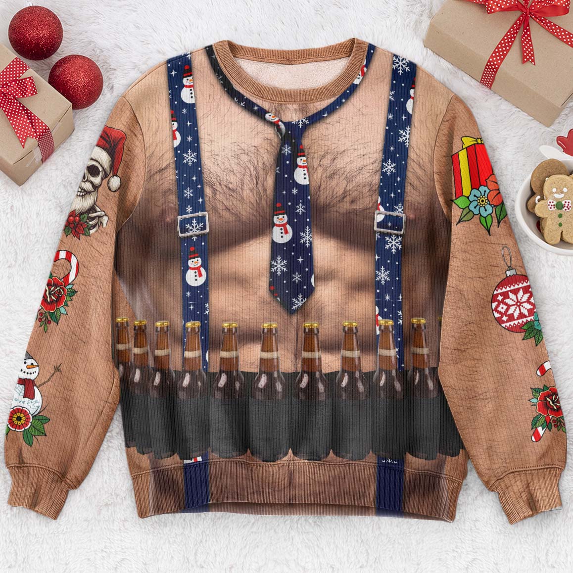 Funny Drinks Christmas Sweatshirt, 3D Muscle Santa Fake Ugly Xmas Sweater, Drinks Belt Holiday Pullover - Personalized Sweater
