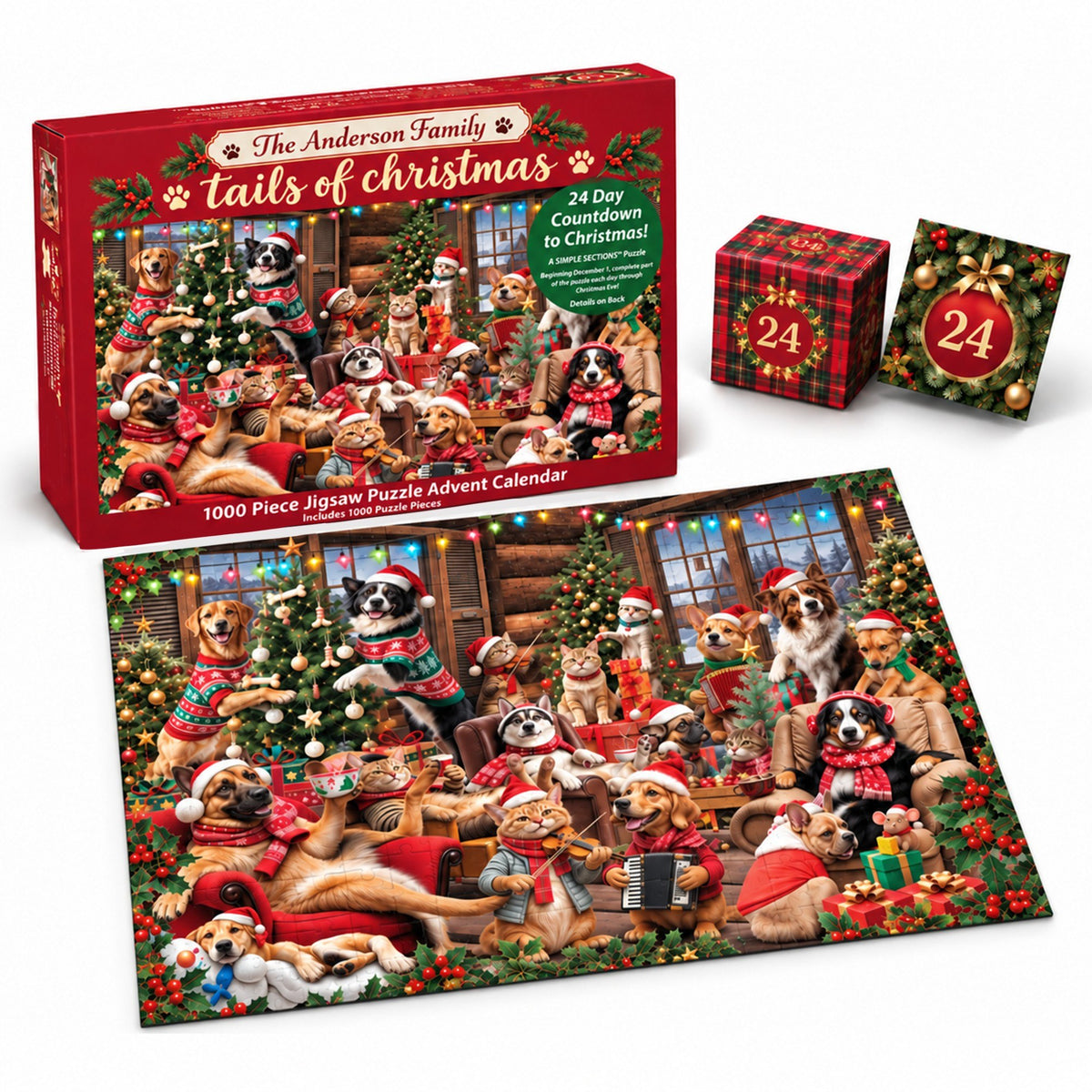 Personalized Christmas Dogs & Cats Puzzle Advent Calendar 2026 – Cozy Christmas Pet Party Jigsaw Puzzle, 24-Day Countdown Gift for Pet Lovers