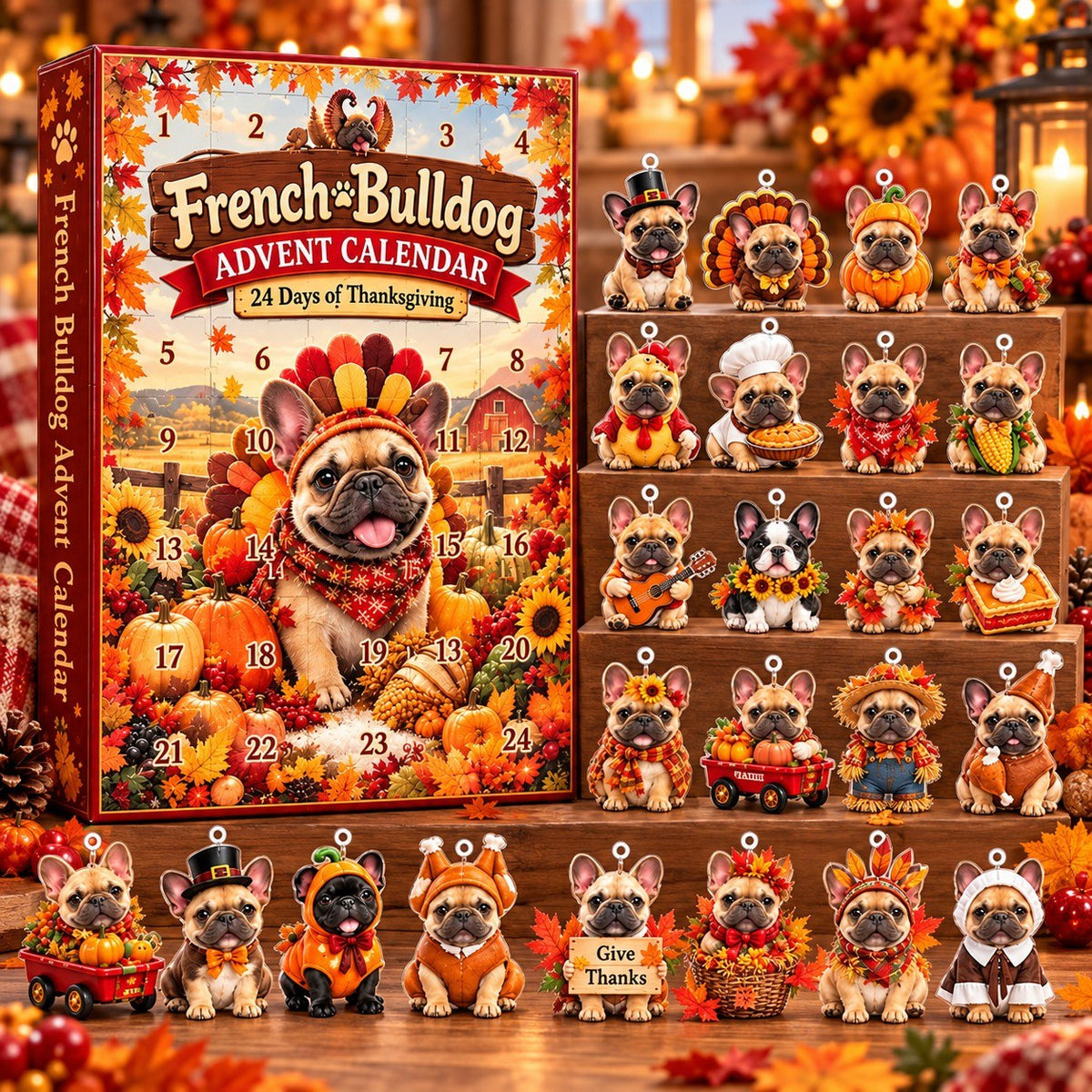 French Bulldog Thanksgiving Advent Calendar 2026 – 24 Days of Thanksgiving, 2D Acrylic Frenchie Collectibles, Fall Holiday Gift for Dog Lovers