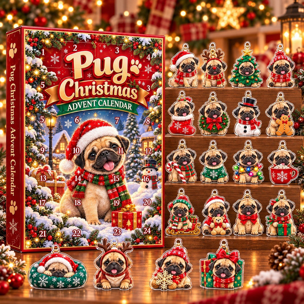 Pug Christmas Advent Calendar 2026 – Christmas Pug Ornaments, Festive Holiday Countdown Gift for Pug Lovers