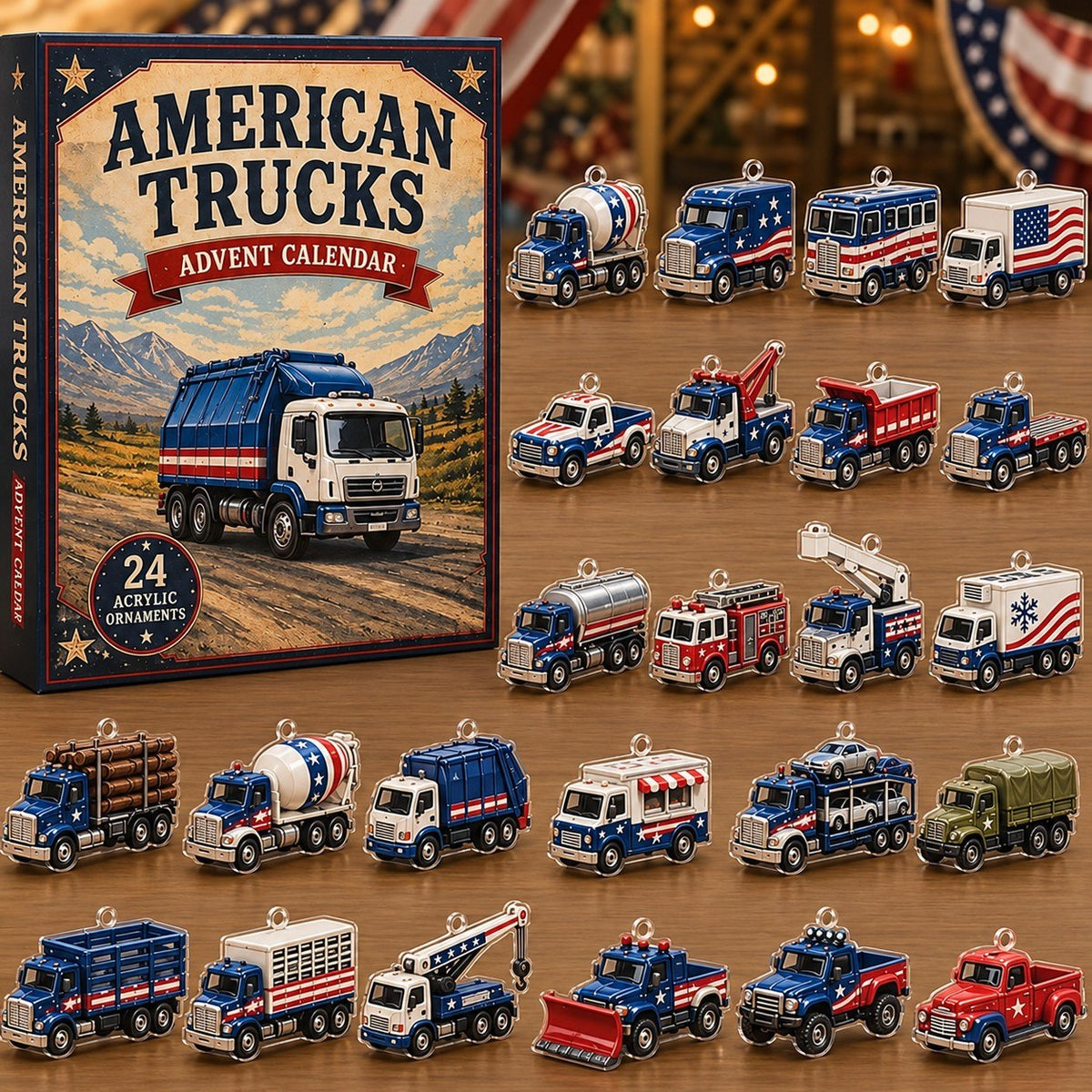 American Trucks Advent Calendar 2026 – 24 Days of Patriotic Truck Acrylic Ornaments, Christmas Countdown Gift for Truck Lovers