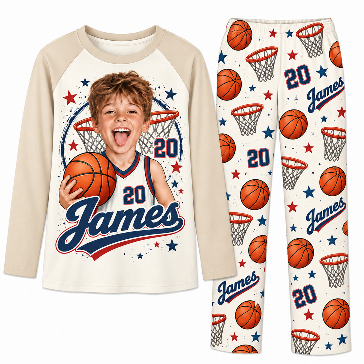 Custom Face Name & Number Cute Basketball Player Matching Family Christmas Pajamas