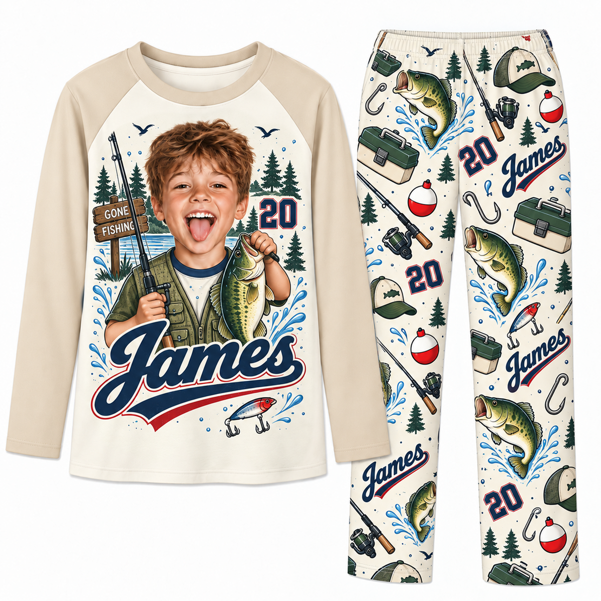 Upload Photo Personalized Fishing Dad & Kids Matching Family Pajamas