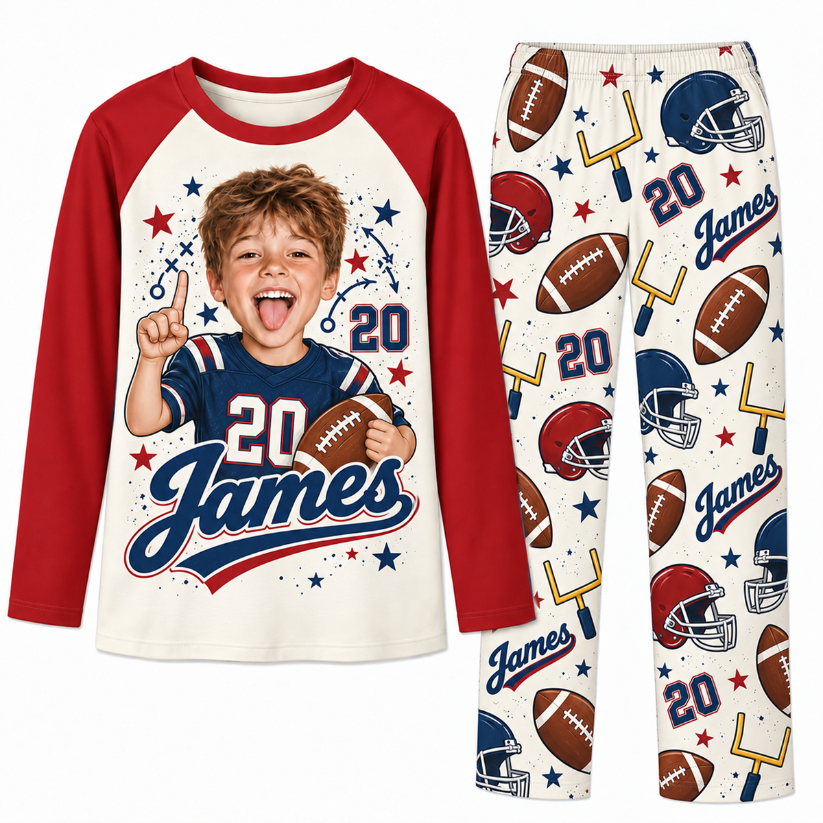 Personalized Face Name & Number Football Lover Matching Family Pajamas