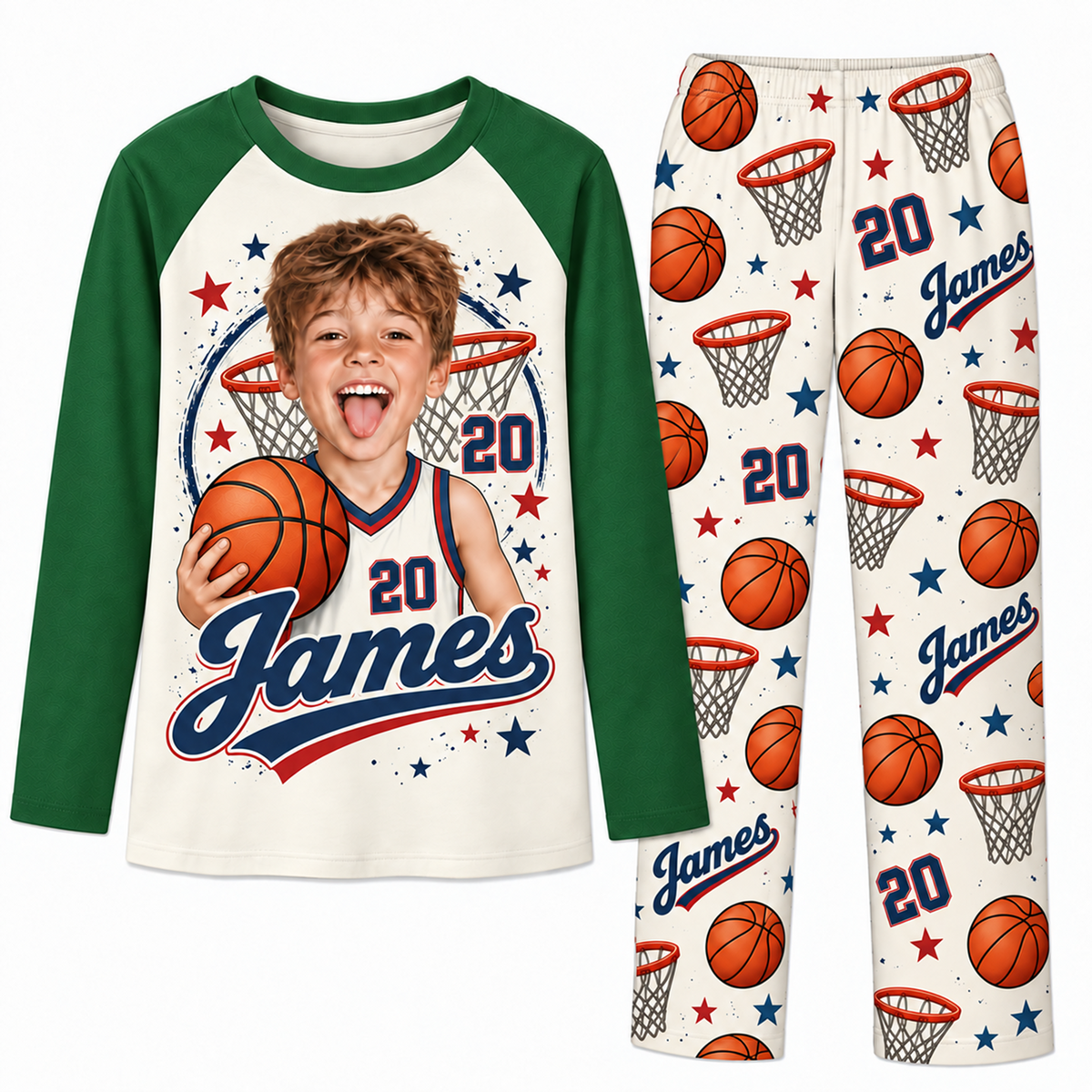 Custom Face Name & Number Cute Basketball Player Matching Family Christmas Pajamas