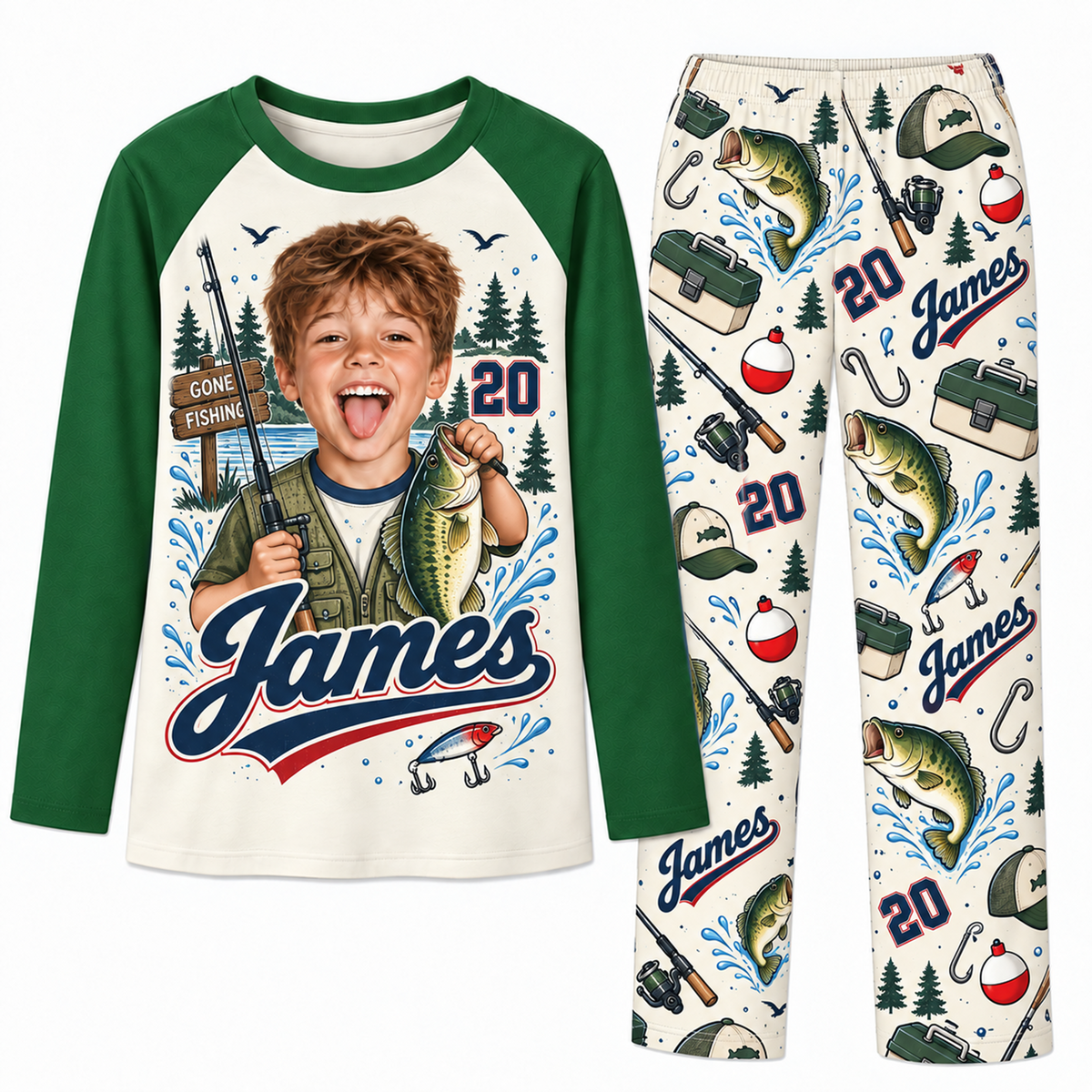 Upload Photo Personalized Fishing Dad & Kids Matching Family Pajamas