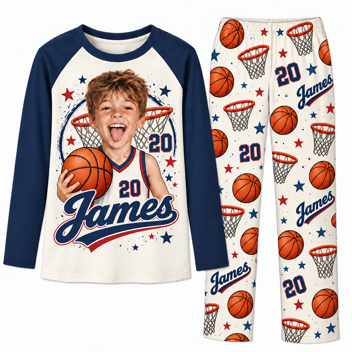 Custom Face Name & Number Cute Basketball Player Matching Family Christmas Pajamas