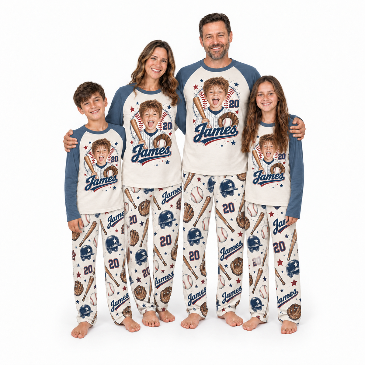 Custom Photo Name & Number Vintage Baseball Player Matching Family Pajamas