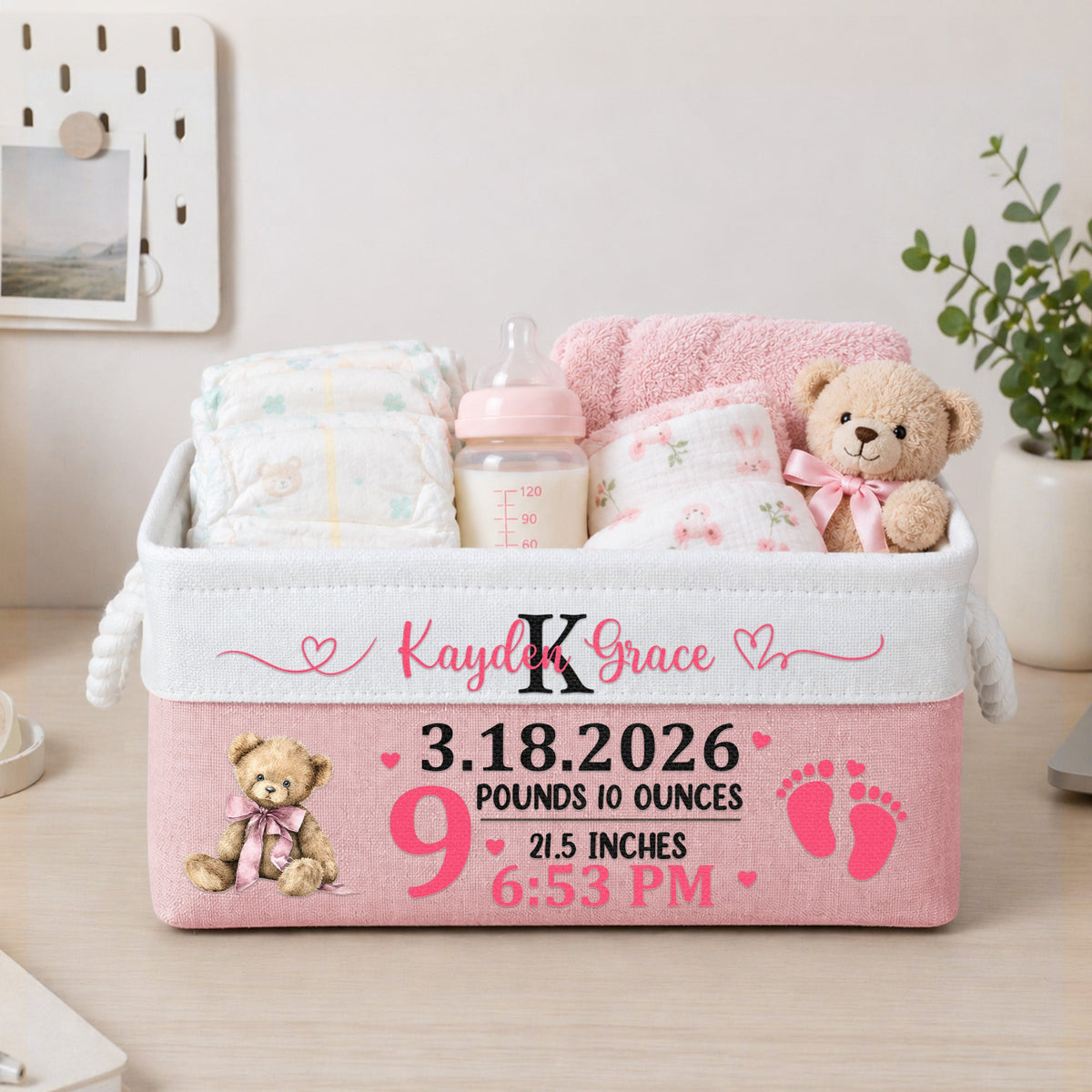 Custom Baby Announcement Nursery Storage Baby Shower, Baptism Gifts - Personalized Storage Basket