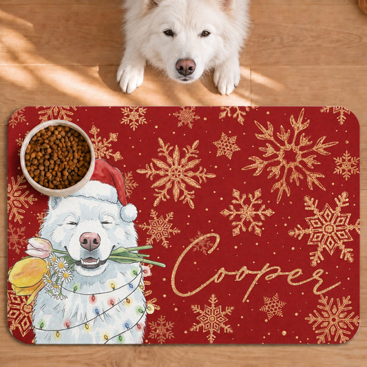 Custom Pet Portrait Watercolor Art Snowflake Christmas - Personalized Pet Feeding Mat