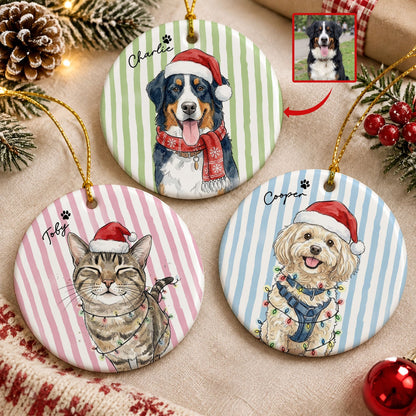 Custom Pet Christmas Watercolor Striped Pattern - Personalized Ornament
