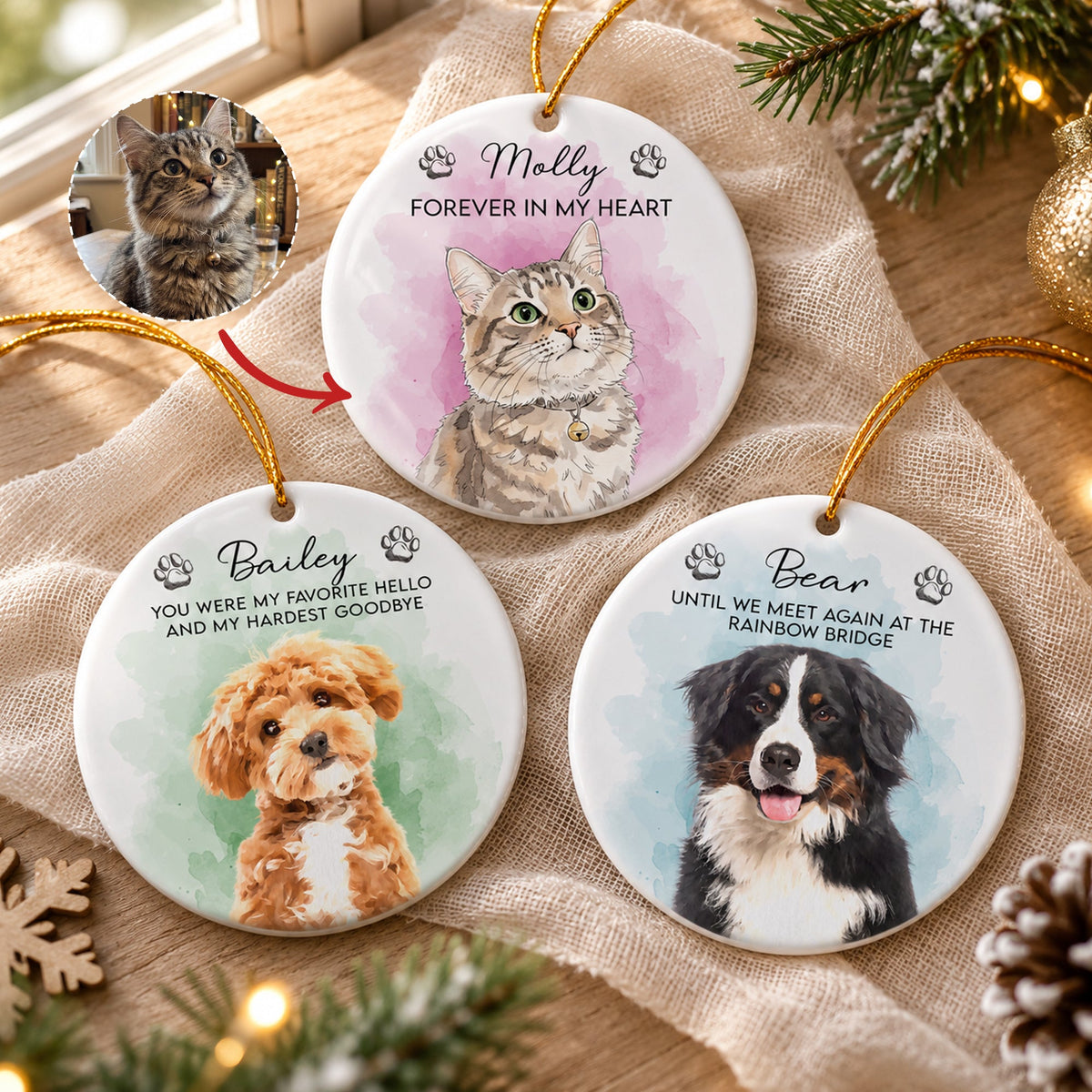 Custom Watercolor Pet Portrait Memorial Pet Loss Gift - Personalized Ornament