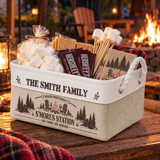 Family S’Mores Campfire Fire Pit Basket For Camping - Personalized Storage Basket