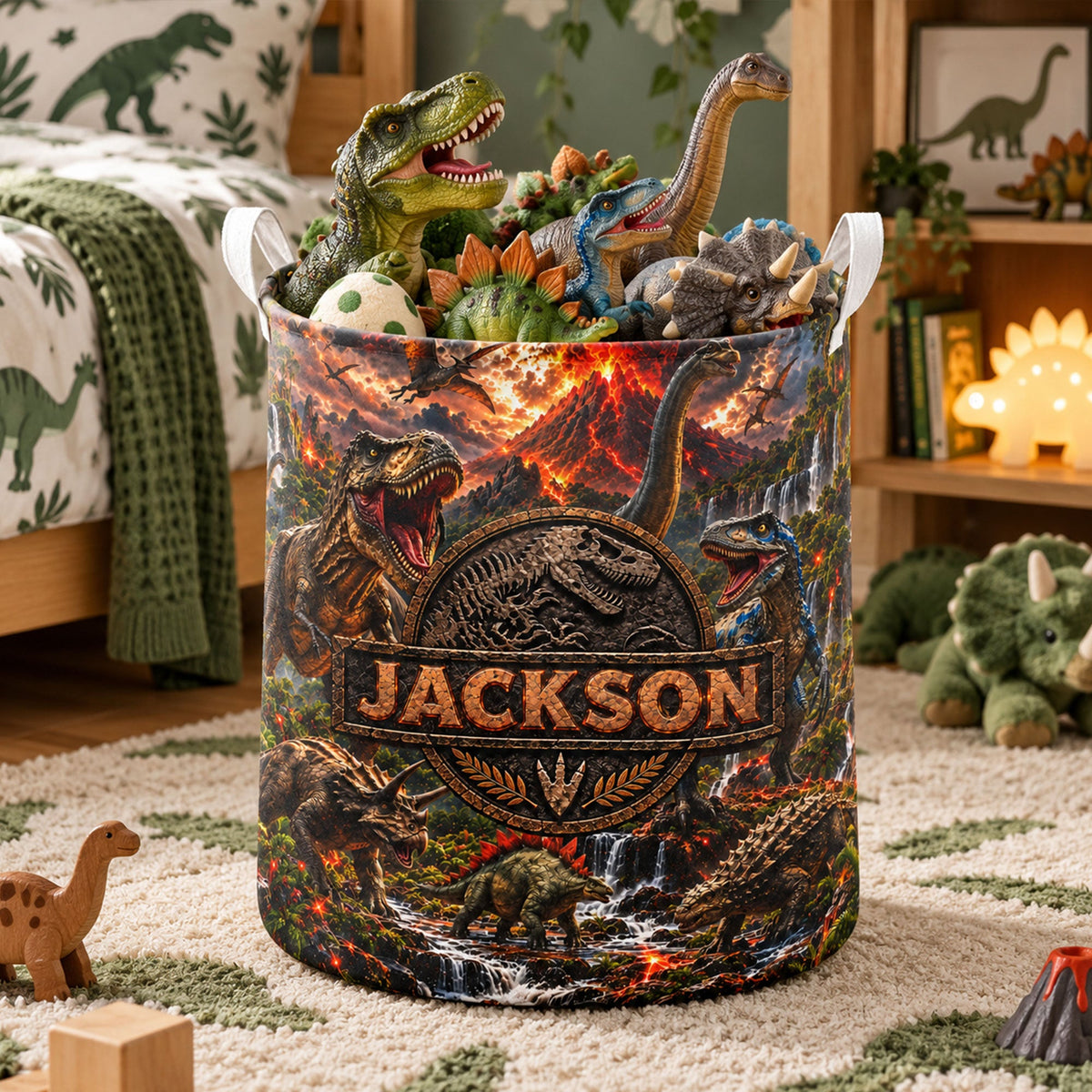 Custom Kid Name Dinosaur Jurassic T-Rex Boys Room Decor Toddler - Personalized Basket