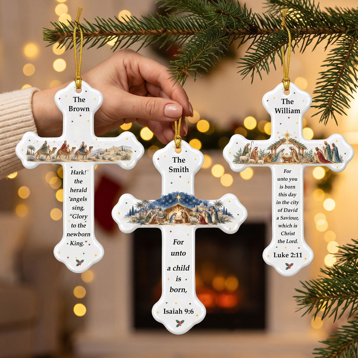 Custom Nativity Christmas Ceramic Cross - Personalized Ornament