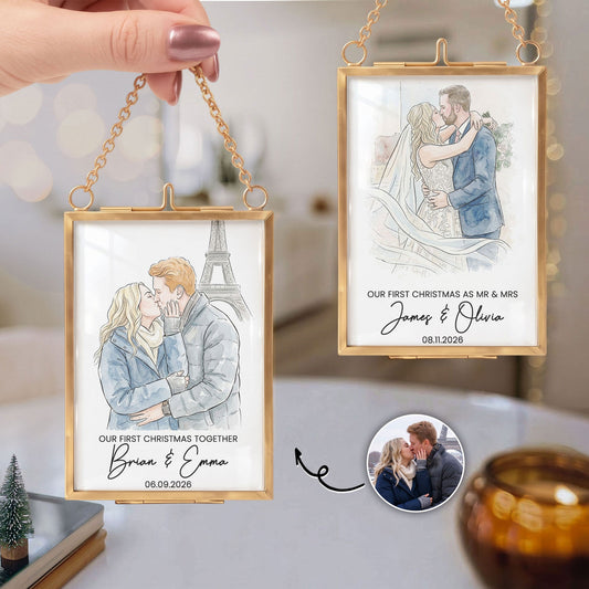 Christmas Frame Ornament Our First Christmas Couple Photo Watercolor - Personalized Ornament