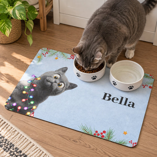 Custom Christmas Dog Cat Food Bowl Mat, Holiday Pet Placemat, Christmas Gift For Pet Lovers - Personalized Pet Feeding Mat