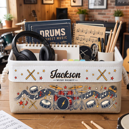Custom Music Lovers Drums Gift For Drummers Boy, Girl, Daughter, Son - Personalized Storage Basket