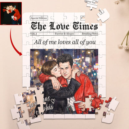 Custom Couple Photo Watercolor The Love Times - Personalized Jigsaw Puzzle