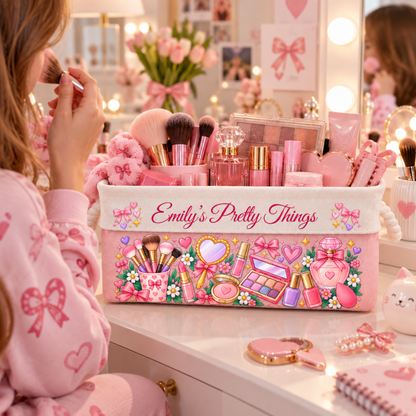 Makeup Storage Basket With Handles For Girls, Daughters, Granddaughters - Personalized Storage Basket