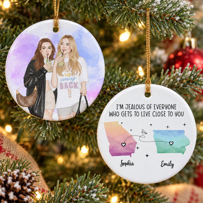 Custom States & Photo Watercolor Art - Long Distance Relationship Gifts - Personalized Ornament