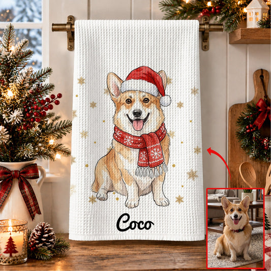 Christmas Decor Custom Pet Portrait Watercolor Art - Personalized Kitchen Towel