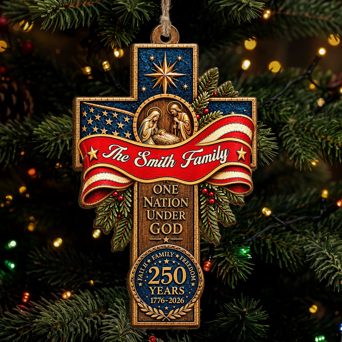 One Nation Under God Faith Family Freedom Patriotic Cross - Personalized Ornament