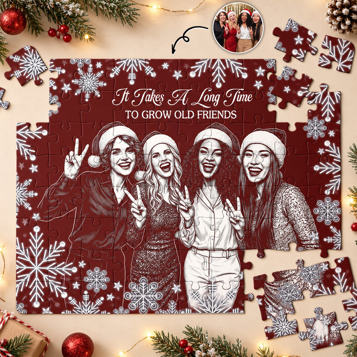 Custom Photo Sketch Line Art Friendship Gifts For Her, Christmas Night - Personalized Jigsaw Puzzle