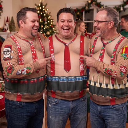 Funny Drinks Christmas Sweatshirt, 3D Muscle Santa Fake Ugly Xmas Sweater, Drinks Belt Holiday Pullover - Personalized Sweater