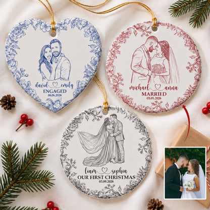 Custom Couple Photo Sketch Line Art First Christmas Married - Personalized Ornament