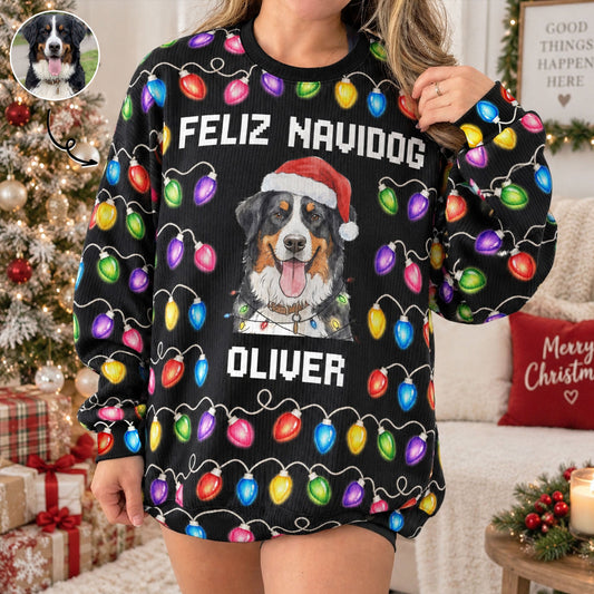 Custom Funny Pet Christmas Santa With Lights Feliz Navidog - Personalized Ugly Sweater