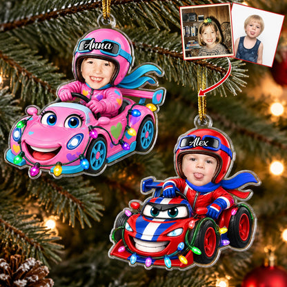 Custom Kid Funny Face Racing Car Christmas Gifts For Son, Daughter, Grandkids - Personalized Ornament