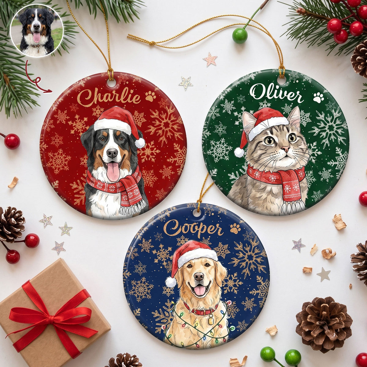 Custom Pet Portrait Watercolor Art Snowflake Christmas - Personalized Ornament