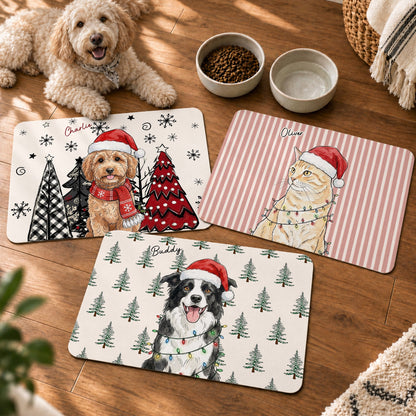 Custom Pet Photo Watercolor Christmas Food Placemat - Personalized Pet Feeding Mat
