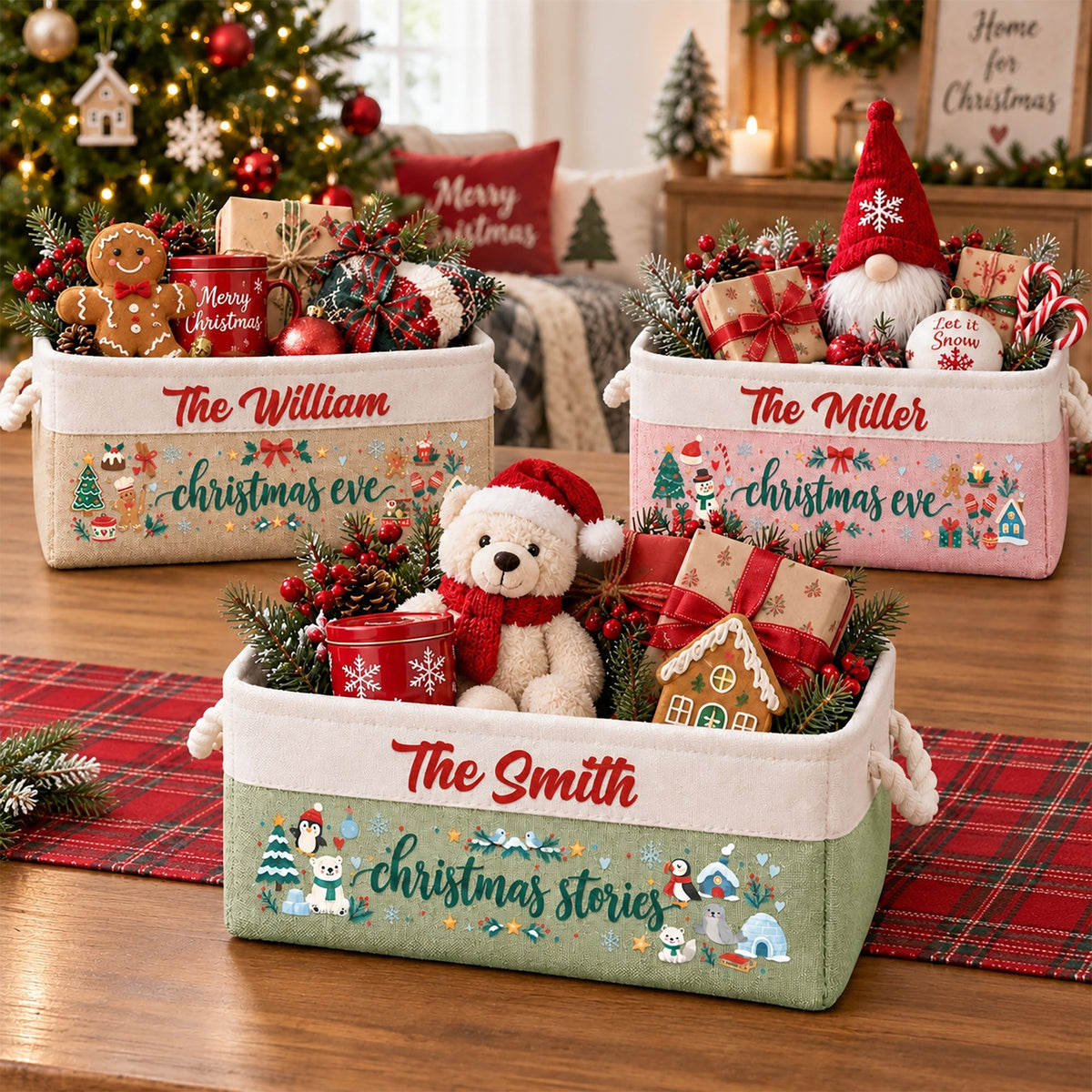 Family Christmas Eve Grandparents & Kids, Couples, Siblings - Personalized Storage Basket