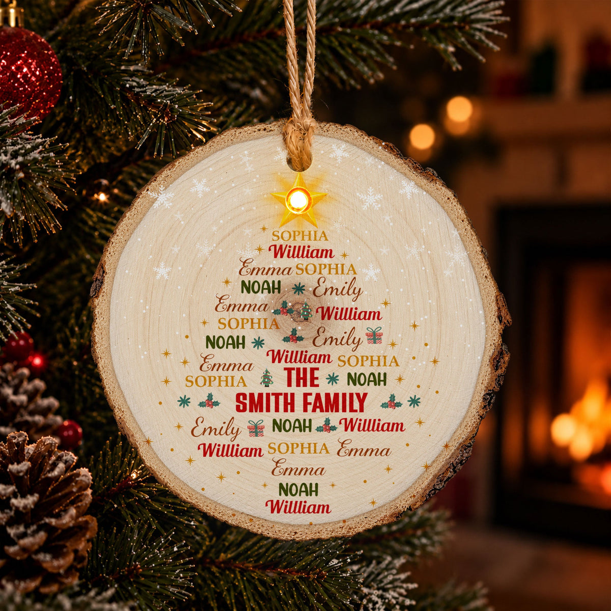 Custom Family Name Art In Christmas Tree Light Up Wooden Slice - Personalized Ornament