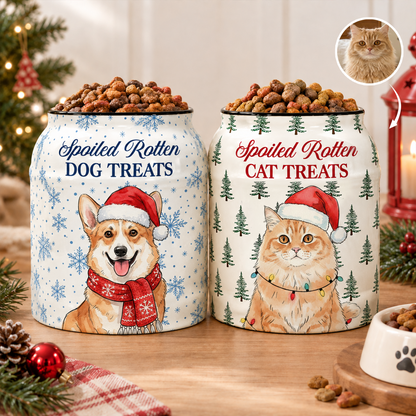 Spoiled Rotten Custom Pet Photo Watercolor Art Christmas - Personalized Cookie Jar
