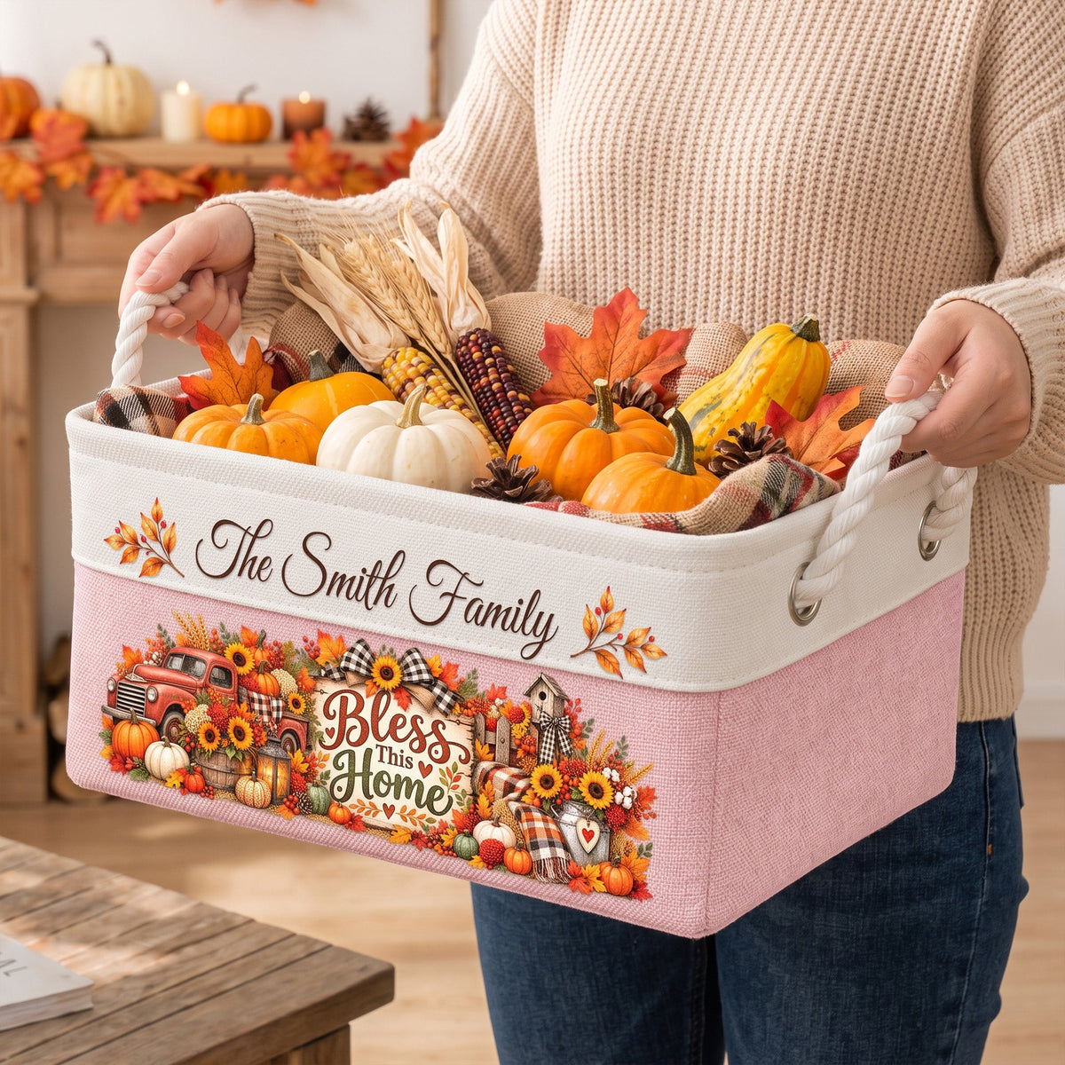Custom Thanksgiving Fall Season Decorations For Family House, Farm House - Personalized Storage Basket